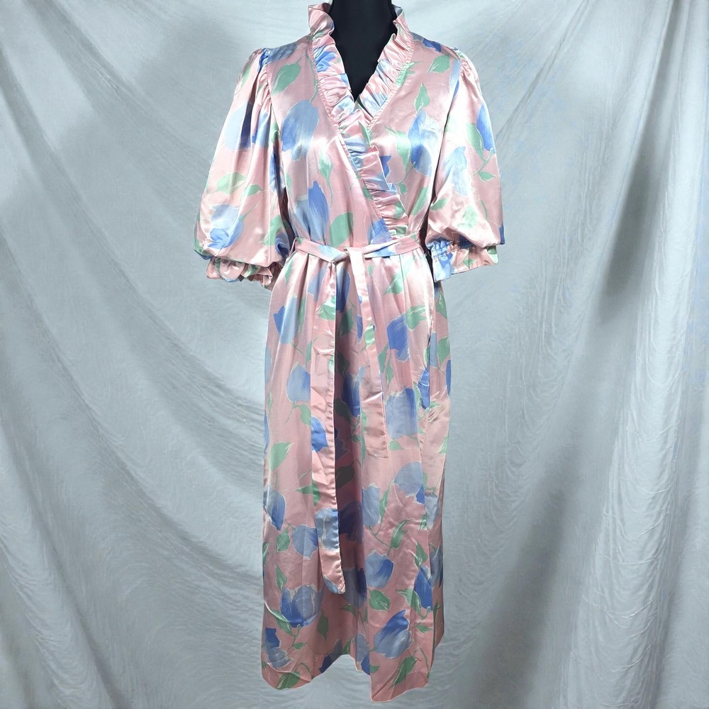 Vintage Barad & Co Pink Floral Satin Wrap Robe Woman Medium Puffy Sleeve Pockets